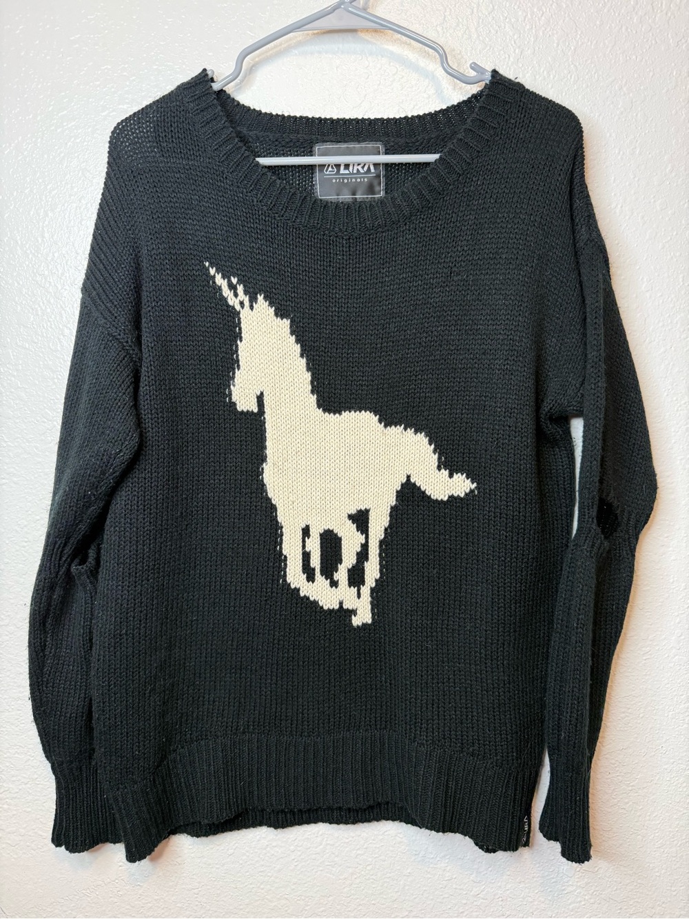 LIRA Originals Black Unicorn Crewneck Sweater Open Elbows Size L Whimsical Goth